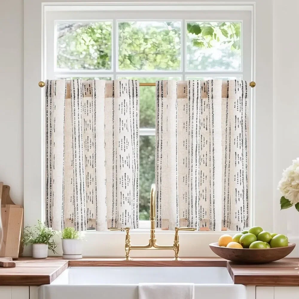 Set of 2 Panels, Bohemian Striped Curtains Linen (Black on Flax)